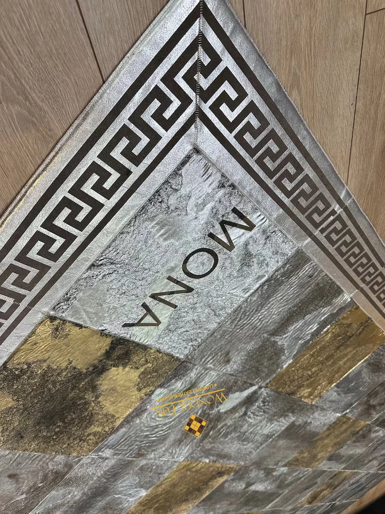 Silver and Gold Natural Sheepskin Area Rug, Unique Handmade Rug for Bedroom