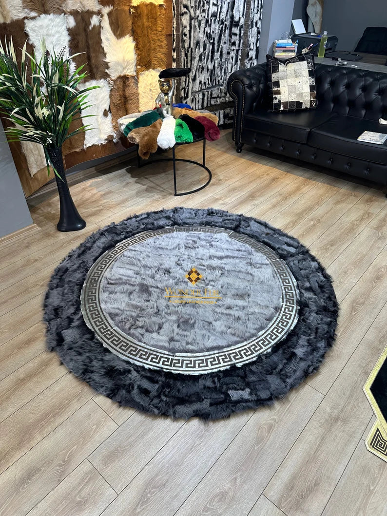 Gray Natural Sheepskin Handmade Round Rug for Entrance, Ultra Soft Non Slip Rug