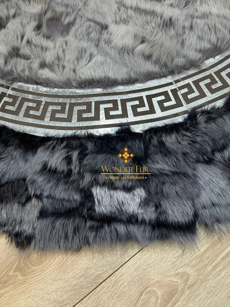 Gray Natural Sheepskin Handmade Round Rug for Entrance, Ultra Soft Non Slip Rug
