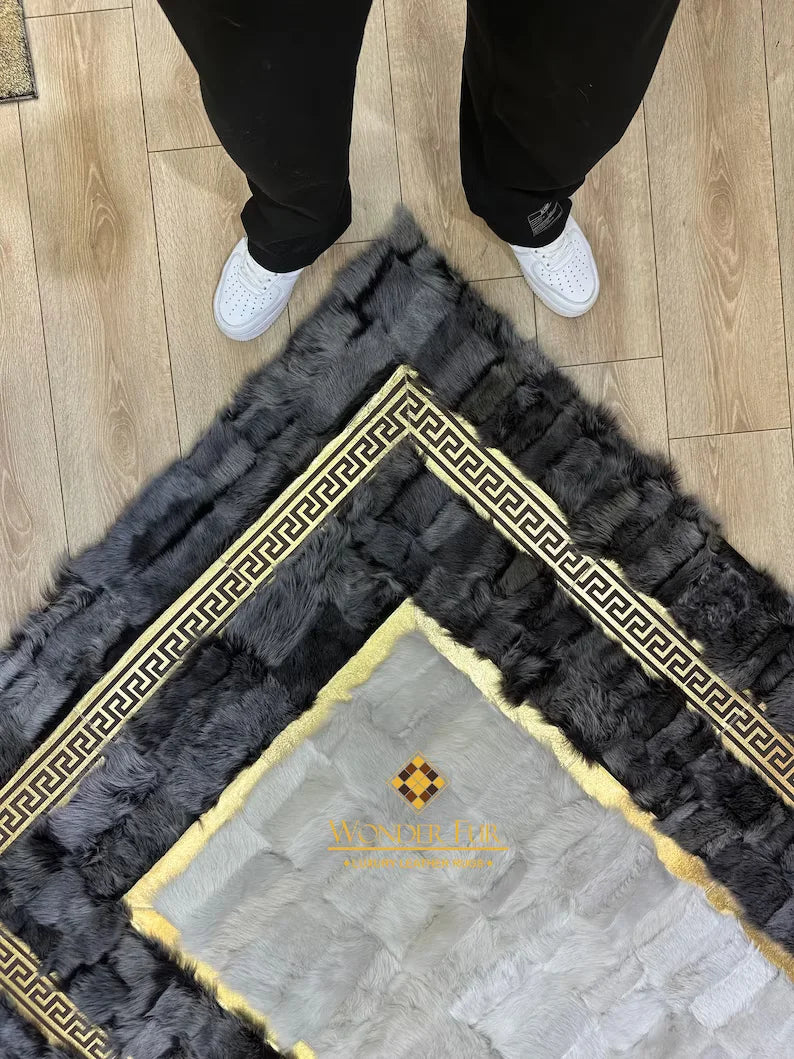 Luxury Gray White Natural Leather Area Rug, Handmade Real Sheepskin Rug