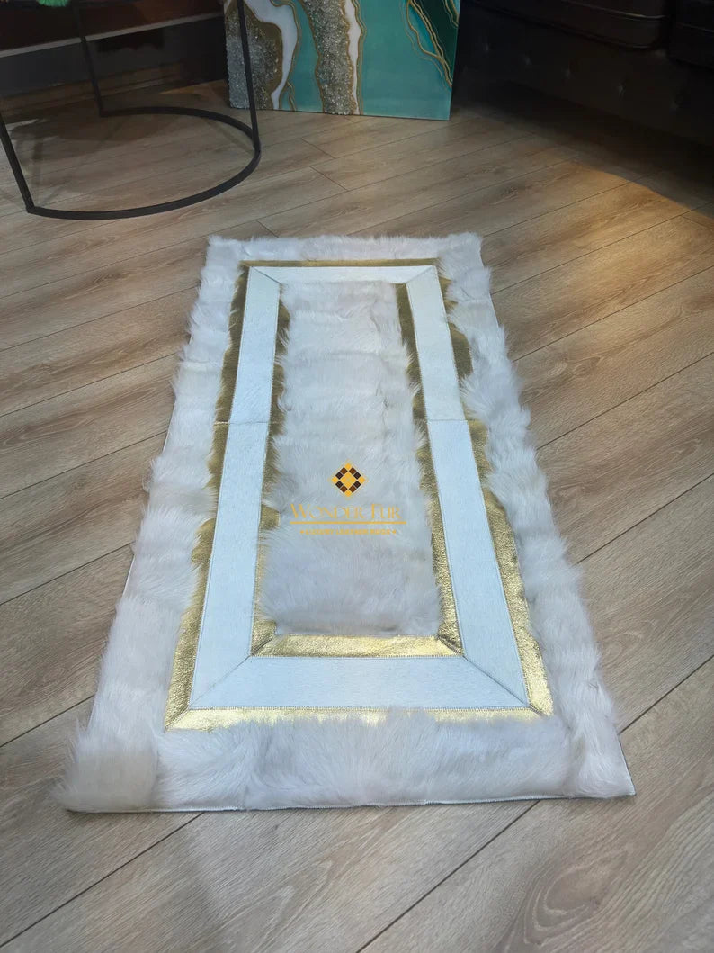 Elegance White Gold Real Sheepskin Runner Rug for Hallway, Soft Shaggy Rug