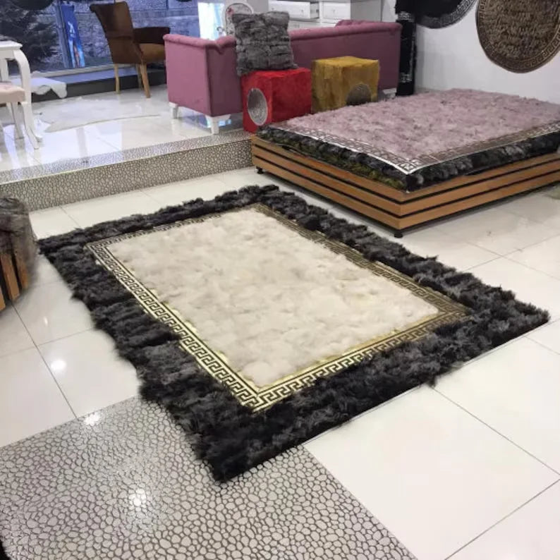 100% Genuine Sheep Leather Unique Area Rug, Handmade Sheepskin Living Room Rug