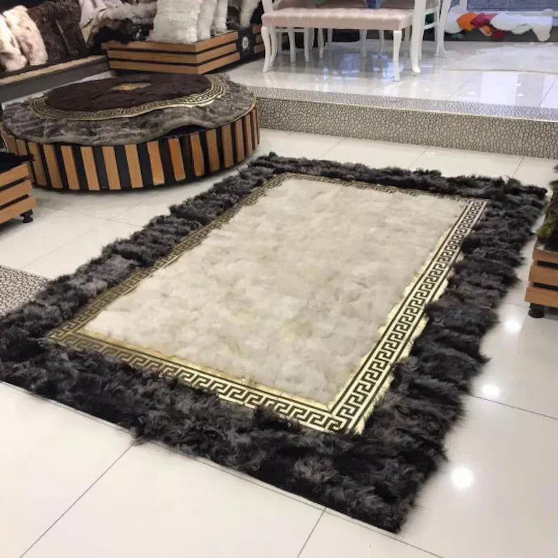 100% Genuine Sheep Leather Unique Area Rug, Handmade Sheepskin Living Room Rug