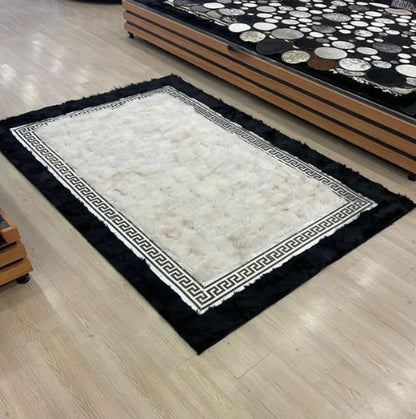 Black and White Natural Sheepskin Area Rug, Handmade Fluffy  Living Room Rug