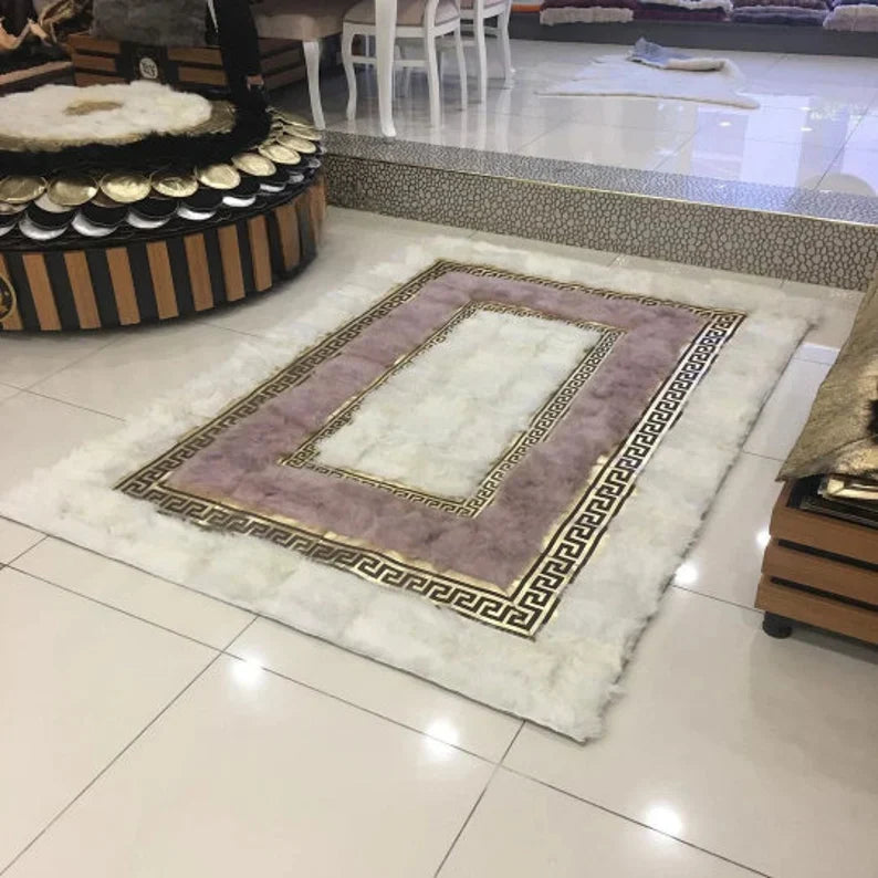 Unique White And Pink Real Sheep Skin Area Rug, Handmade Fluffy Sheepskin Rug