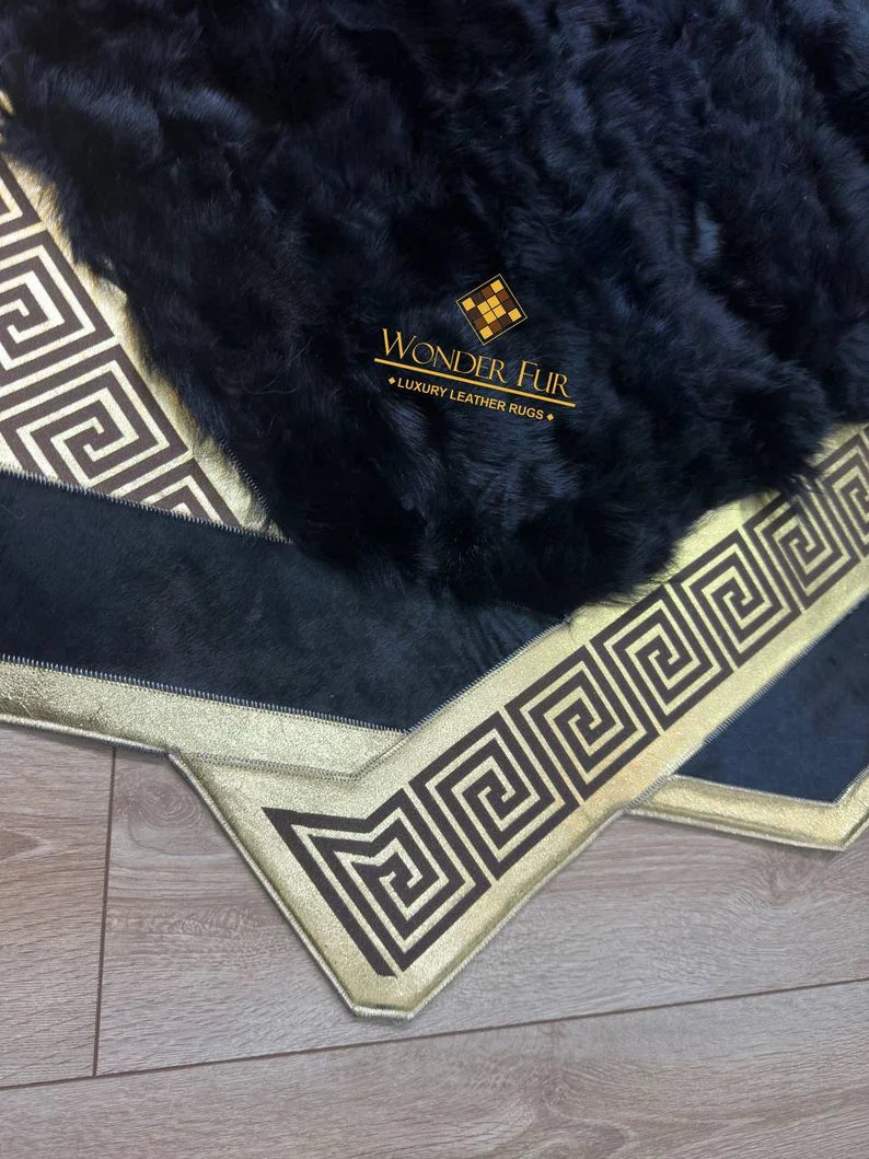 Unique Black Gold Sheepskin Area Rug, Handmade Soft Fluffy Rug Decoration