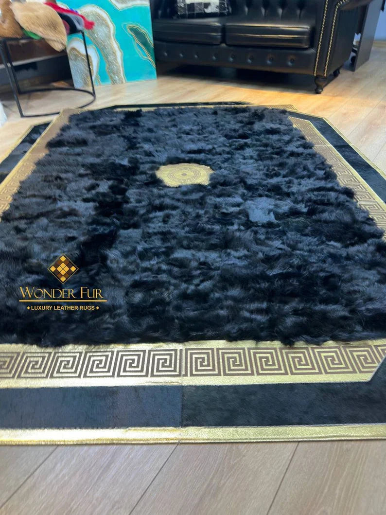 Unique Black Gold Sheepskin Area Rug, Handmade Soft Fluffy Rug Decoration