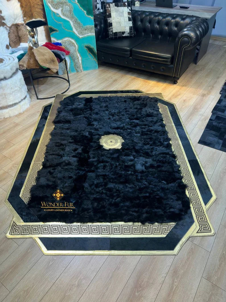 Unique Black Gold Sheepskin Area Rug, Handmade Soft Fluffy Rug Decoration