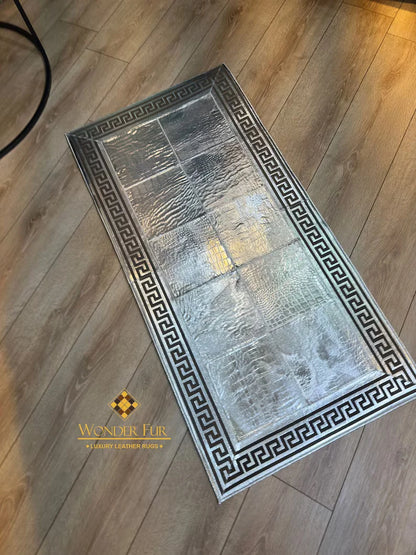 Cowhide Area Rug, Greek Key Pattern Natural Handmade Cowhide Patchwork Rug, Unique Silver Rug