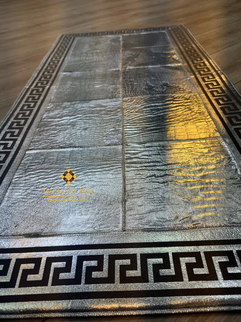 Cowhide Area Rug, Greek Key Pattern Natural Handmade Cowhide Patchwork Rug, Unique Silver Rug