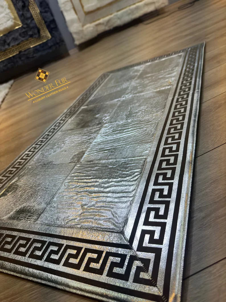 Cowhide Area Rug, Greek Key Pattern Natural Handmade Cowhide Patchwork Rug, Unique Silver Rug