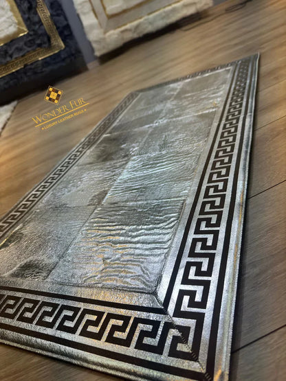 Cowhide Area Rug, Greek Key Pattern Natural Handmade Cowhide Patchwork Rug, Unique Silver Rug