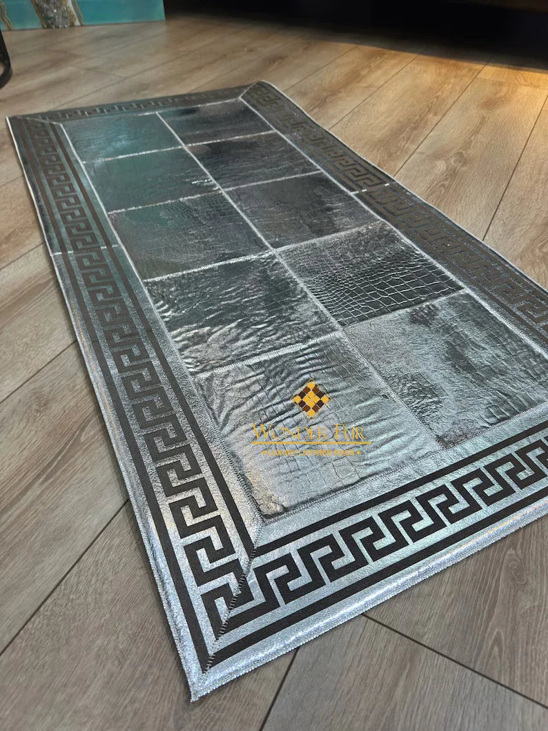 Cowhide Area Rug, Greek Key Pattern Natural Handmade Cowhide Patchwork Rug, Unique Silver Rug