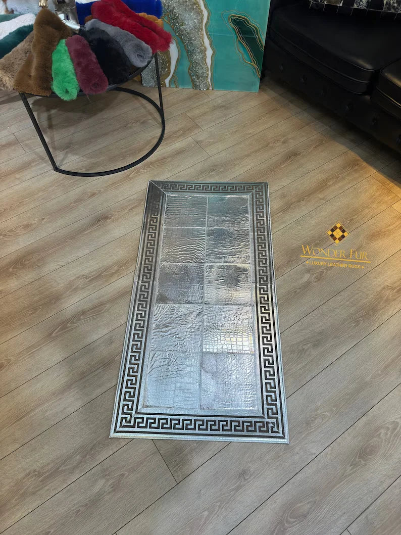 Cowhide Area Rug, Greek Key Pattern Natural Handmade Cowhide Patchwork Rug, Unique Silver Rug