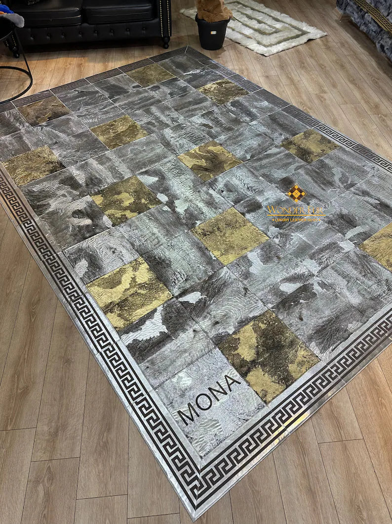 Silver and Gold Natural Sheepskin Area Rug, Unique Handmade Rug for Bedroom