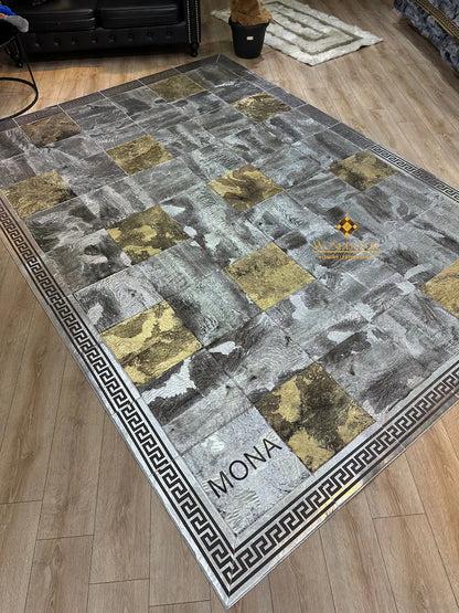 Silver and Gold Natural Sheepskin Area Rug, Unique Handmade Rug for Bedroom
