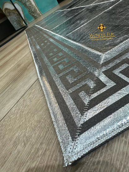 Cowhide Area Rug, Greek Key Pattern Natural Handmade Cowhide Patchwork Rug, Unique Silver Rug