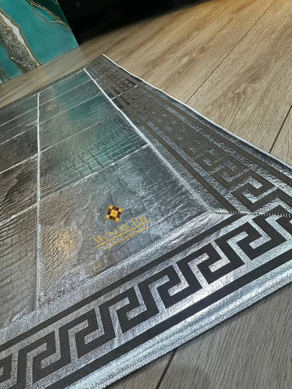 Cowhide Area Rug, Greek Key Pattern Natural Handmade Cowhide Patchwork Rug, Unique Silver Rug