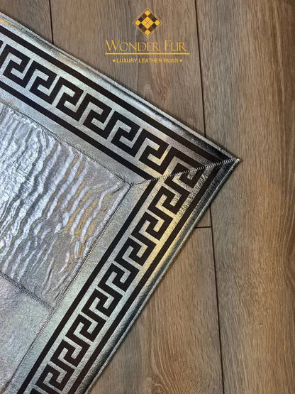 Cowhide Area Rug, Greek Key Pattern Natural Handmade Cowhide Patchwork Rug, Unique Silver Rug