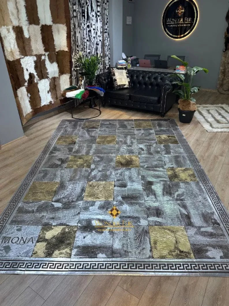 Silver and Gold Natural Sheepskin Area Rug, Unique Handmade Rug for Bedroom