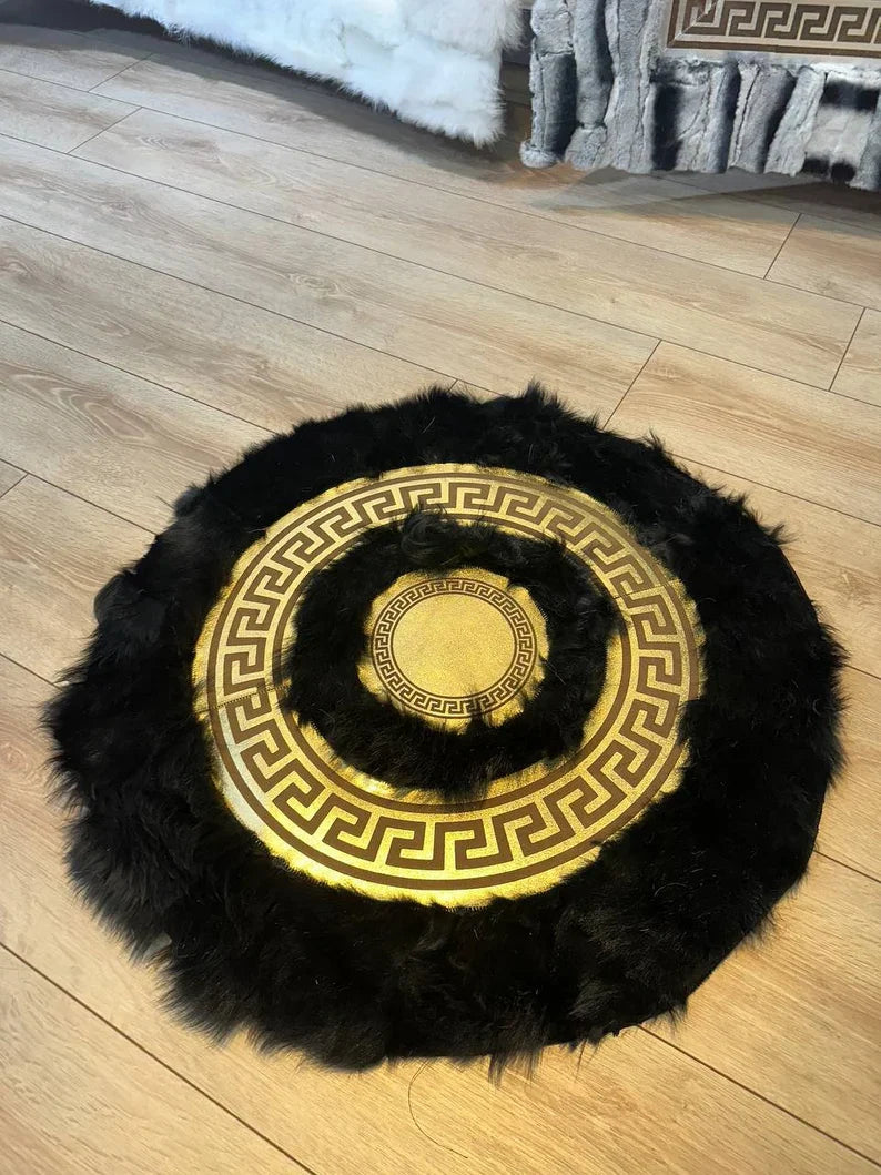 Black Gold Luxury Natural Sheepskin Round Rug, Fluffy Handmade Elegance