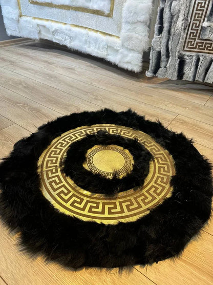 Black Gold Luxury Natural Sheepskin Round Rug, Fluffy Handmade Elegance