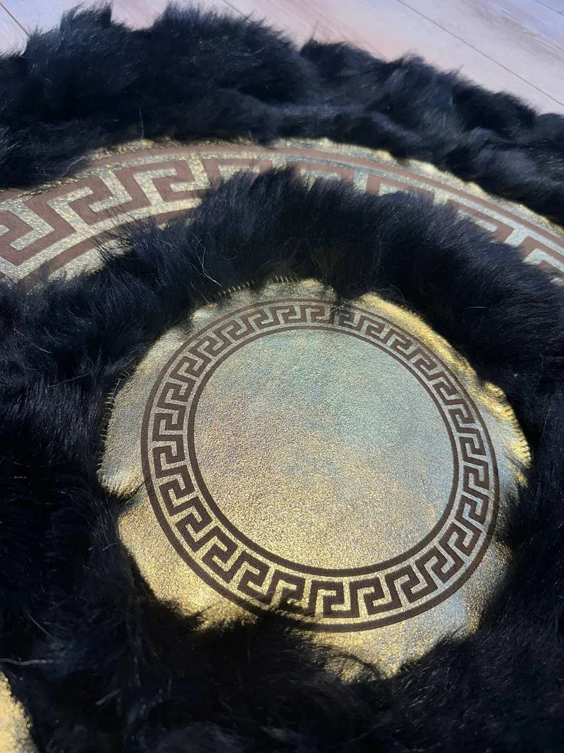 Black Gold Luxury Natural Sheepskin Round Rug, Fluffy Handmade Elegance