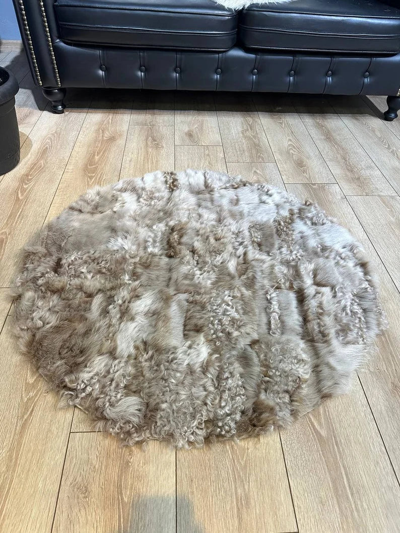 Beige 100% Genuine Sheepskin Round Rug, Handmade Fluffy Shaggy Area Rug