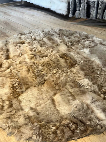 Beige 100% Genuine Sheepskin Round Rug, Handmade Fluffy Shaggy Area Rug