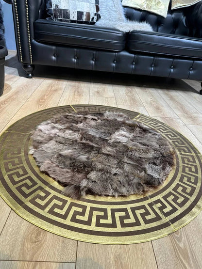 Brown Gold Luxury Natural Sheepskin Round Rug, Handmade Unique Soft Rug