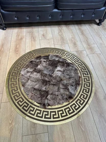 Brown Gold Luxury Natural Sheepskin Round Rug, Handmade Unique Soft Rug