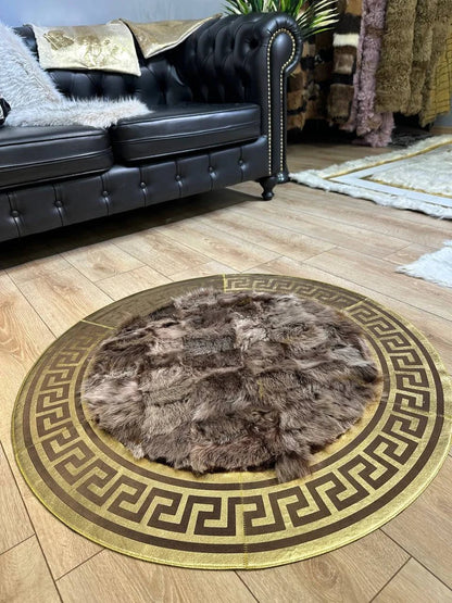Brown Gold Luxury Natural Sheepskin Round Rug, Handmade Unique Soft Rug