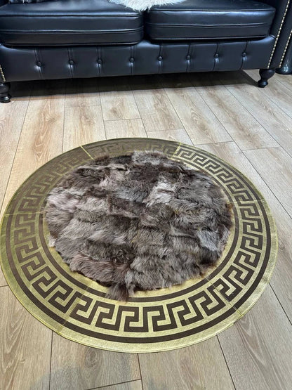 Brown Gold Luxury Natural Sheepskin Round Rug, Handmade Unique Soft Rug