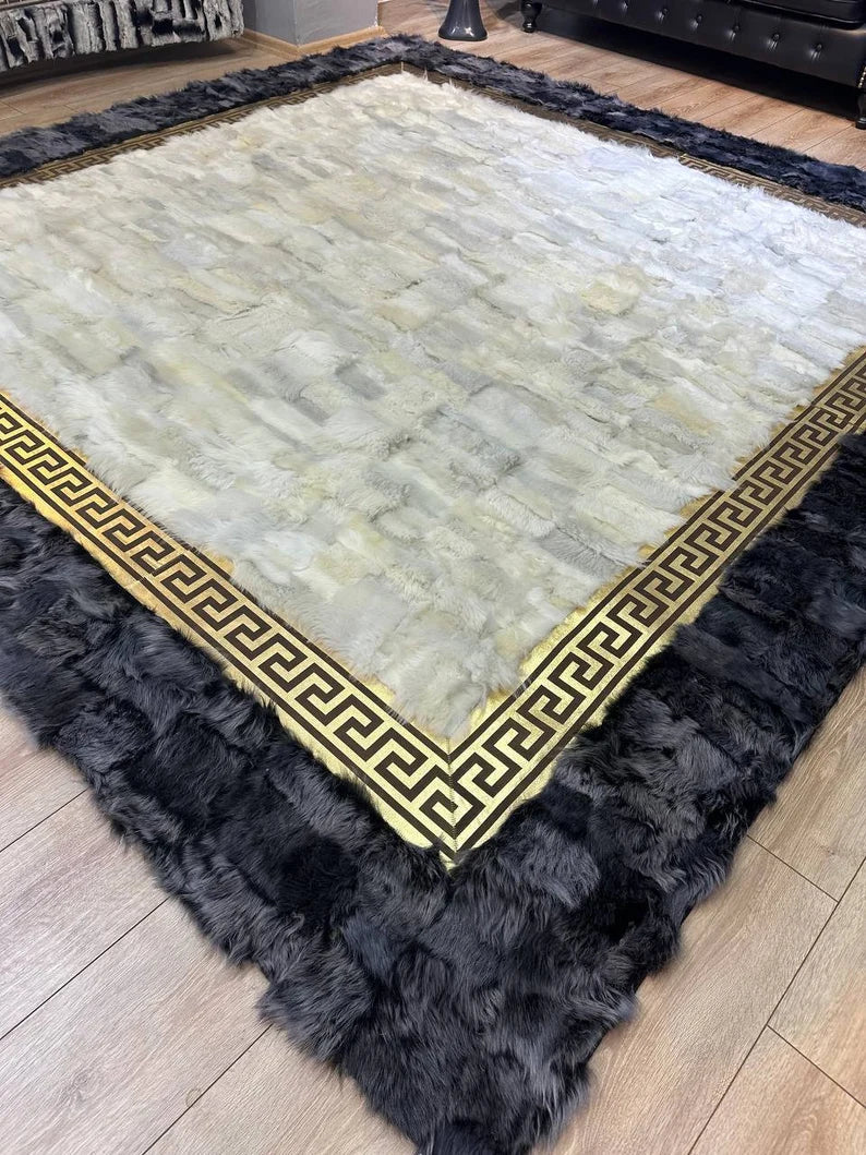 Gray White Large Sheepskin Rug, Fluffy Soft Natural Leather Handmade Rug