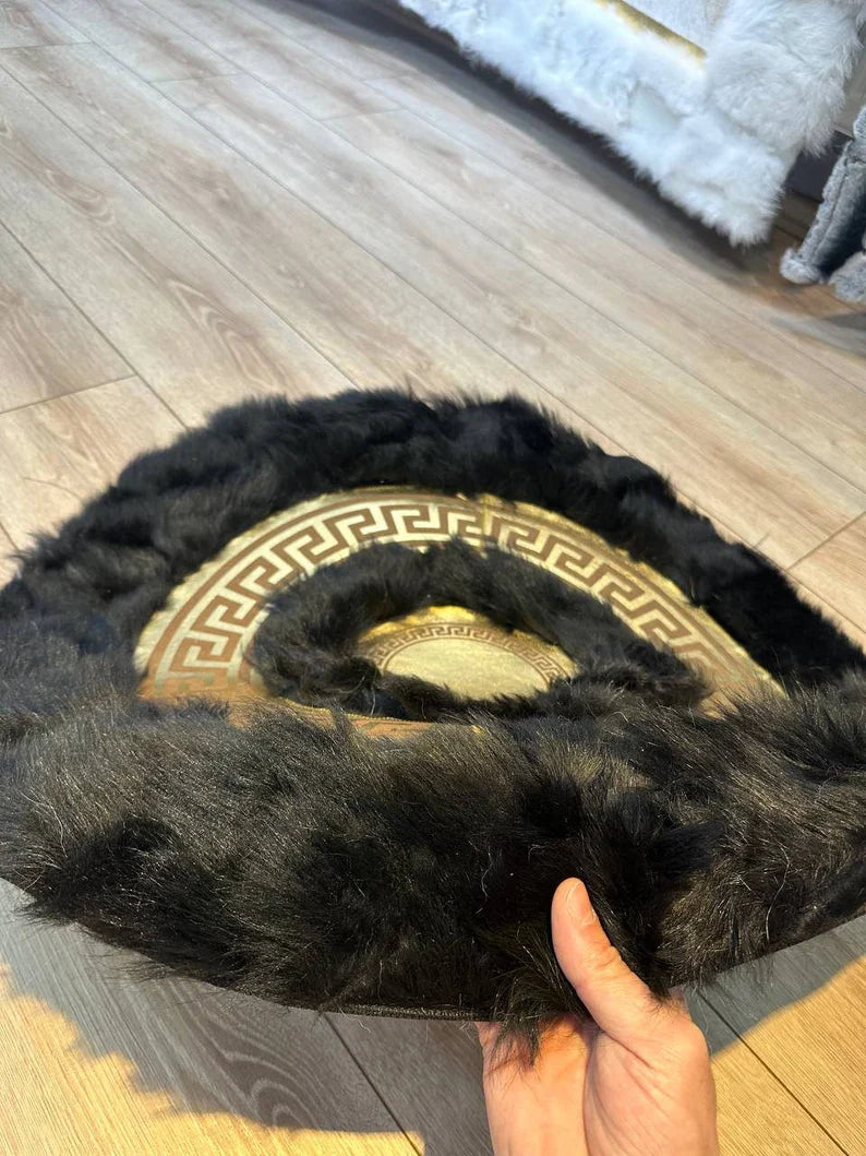 Black Gold Luxury Natural Sheepskin Round Rug, Fluffy Handmade Elegance