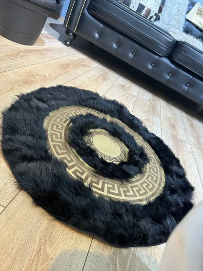 Black Gold Luxury Natural Sheepskin Round Rug, Fluffy Handmade Elegance