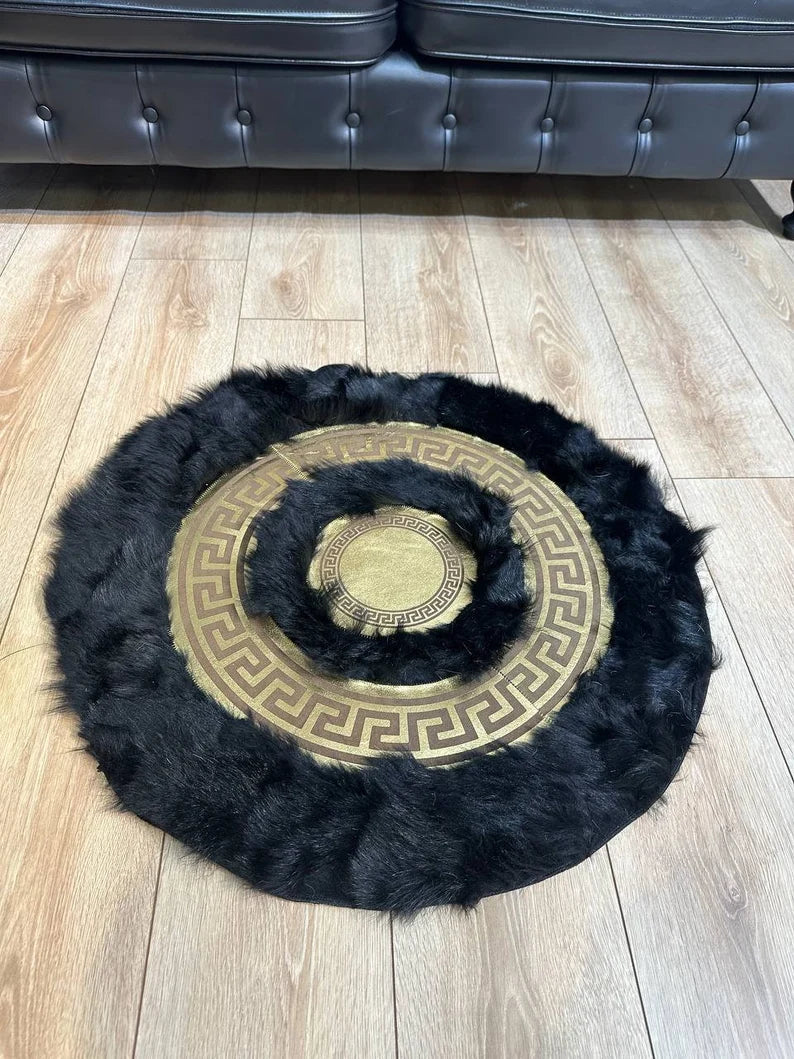Black Gold Luxury Natural Sheepskin Round Rug, Fluffy Handmade Elegance
