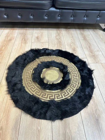 Black Gold Luxury Natural Sheepskin Round Rug, Fluffy Handmade Elegance