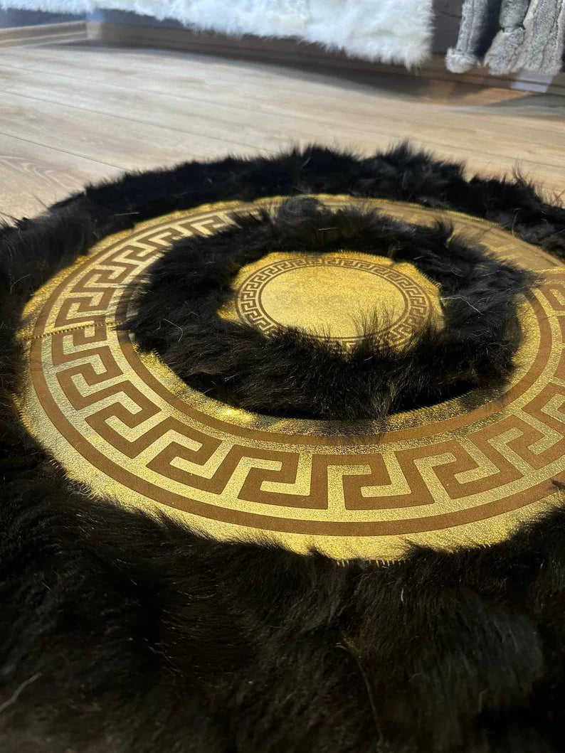 Black Gold Luxury Natural Sheepskin Round Rug, Fluffy Handmade Elegance
