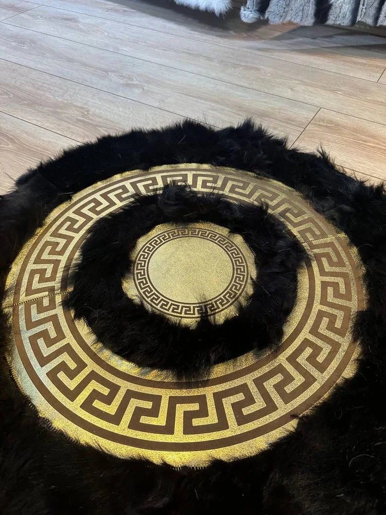 Black Gold Luxury Natural Sheepskin Round Rug, Fluffy Handmade Elegance