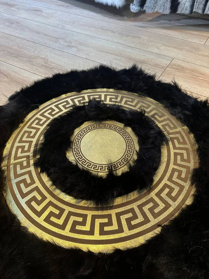 Black Gold Luxury Natural Sheepskin Round Rug, Fluffy Handmade Elegance