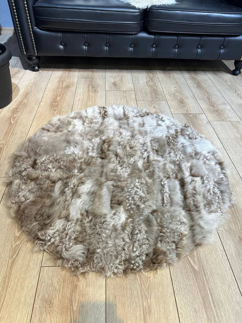 Beige 100% Genuine Sheepskin Round Rug, Handmade Fluffy Shaggy Area Rug