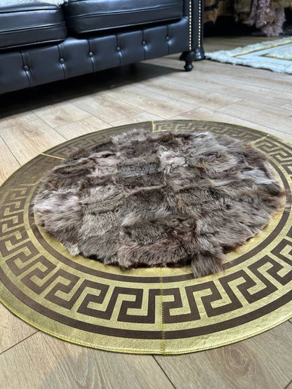 Brown Gold Luxury Natural Sheepskin Round Rug, Handmade Unique Soft Rug