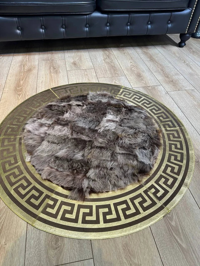 Brown Gold Luxury Natural Sheepskin Round Rug, Handmade Unique Soft Rug