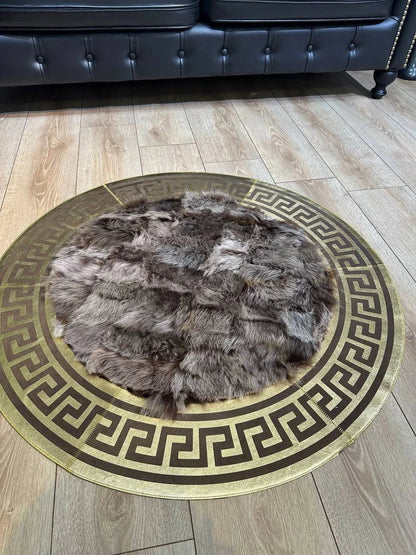 Brown Gold Luxury Natural Sheepskin Round Rug, Handmade Unique Soft Rug