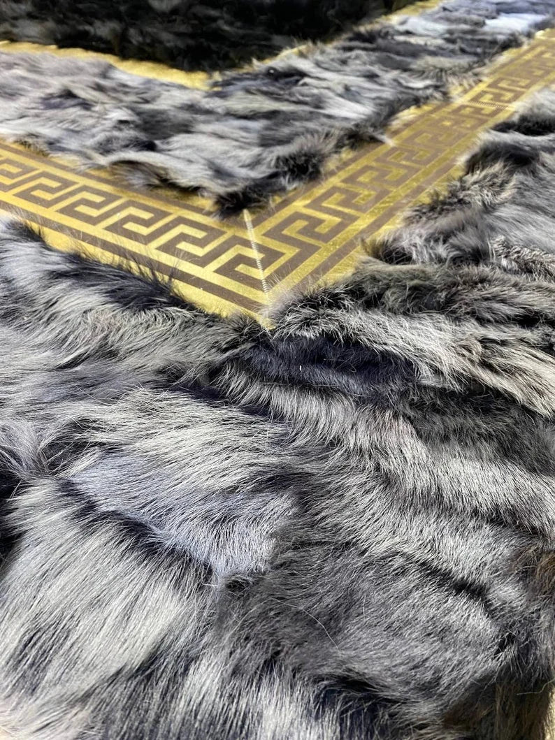 Black and Gray Natural Sheepskin Large Area Rug, Handmade Gold Pattern Rug