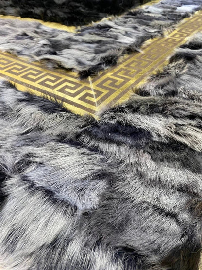 Black and Gray Natural Sheepskin Large Area Rug, Handmade Gold Pattern Rug