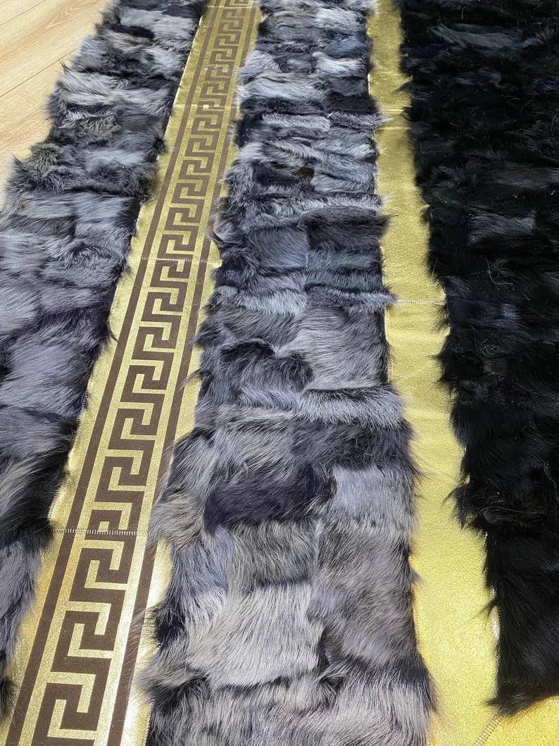 Black and Gray Natural Sheepskin Large Area Rug, Handmade Gold Pattern Rug