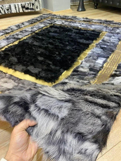 Black and Gray Natural Sheepskin Large Area Rug, Handmade Gold Pattern Rug