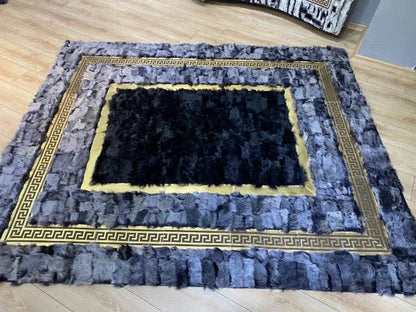 Black and Gray Natural Sheepskin Large Area Rug, Handmade Gold Pattern Rug